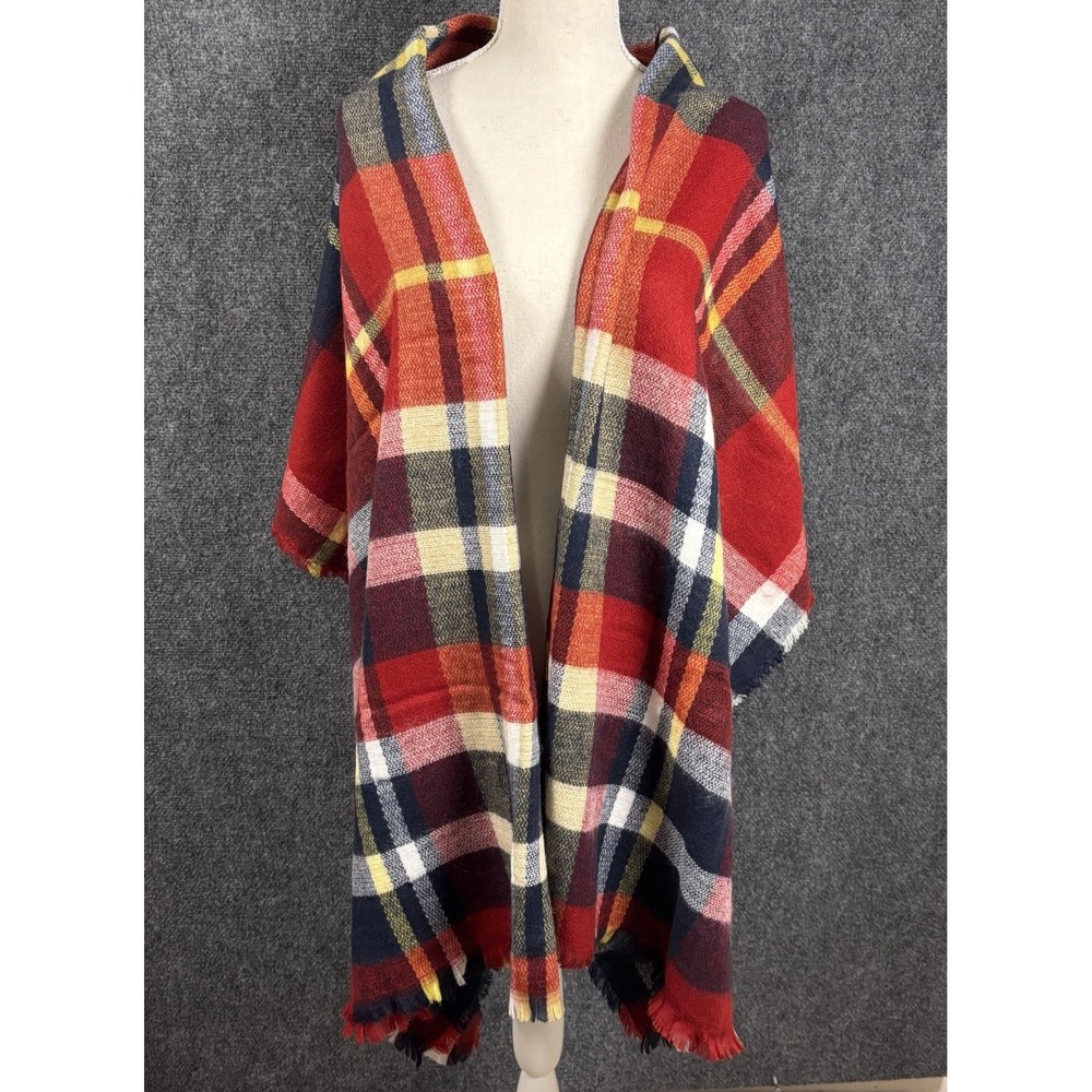 Portola Poncho Wrap Womens OS Red Navy Plaid Open Front Fringe Fall Shawl Cape